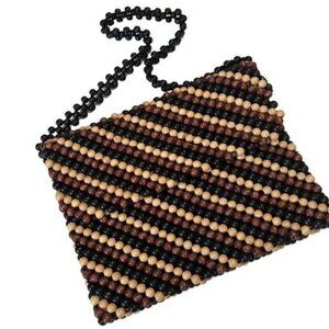 Betsey Johnson Just Bead It Black,‎ Tan, Brown Beaded Vintage Shoulder Bag